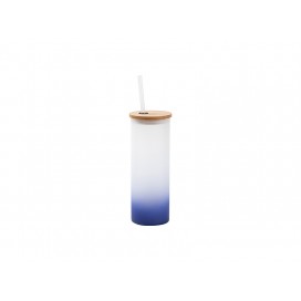 17oz/500ml Glass Skinny Tumbler w/Straw & Bamboo Lid(Frosted, Gradient Dark Blue)(10/pack)