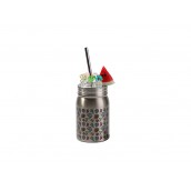 17oz/500ml SS Silver Mason Jar with Fake Ice & Fruit Topper Lid (Clear, Watermelon)(10/pack)