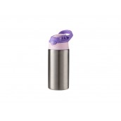 12oz/360ml Kids Stainless Steel Bottle With Silicon Straw & Purple Cap(Silver)MOQ 1000pcs